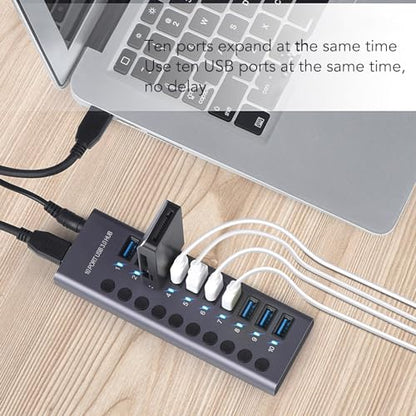 CCYLEZ 10 Port USB 3.0 Hub with Individual Switches and 60W Power Adapter for Laptop PC Game Console (US Plug)