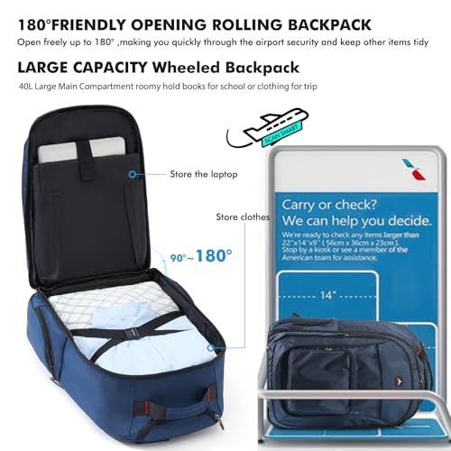 Rolling Backpack with Wheels, Roller Backpack for 17.3 Inch Laptop | 40L Water Resistant Wheeled Laptop Backpack, Flight Approved Carry on Luggage for Men Women Business Travel College, Black - color: Blue