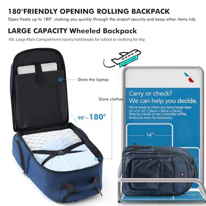Rolling Backpack with Wheels, Roller Backpack for 17.3 Inch Laptop | 40L Water Resistant Wheeled Laptop Backpack, Flight Approved Carry on Luggage for Men Women Business Travel College, Black - color: Blue