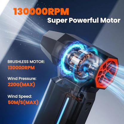 Compressed Air Duster, 130000RPM Electric Air Duster with Brushless Motor, 5 Gear Adiustable Cordless Air Blower, Rechargeable Mini Blower for PC, Keyboard, Home Cleaning, Outdoor and Car