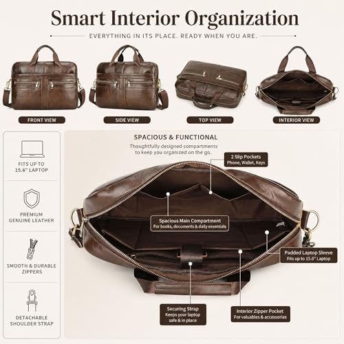 Men's Leather Laptop Bag 15 IN, Water-Resistant Briefcase Messenger Bag for Work, Business, Shoulder Crossbody Office Satchel - color: Brown-3