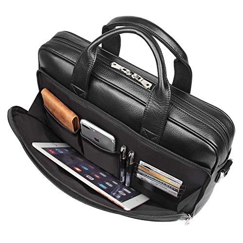 Augus Leather Briefcase for Men, 16 Inch, Full-Grain Leather, YKK Zipper - color: Black1