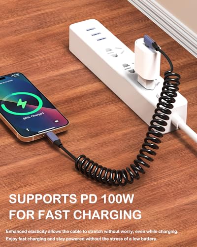 USB-C to C Coiled Cable PD100W Fast Charging, Retractable Short Car Charger Cable,Tangle Free, Travel & Portable Data Transfer Cord for iPhone 17/16/15, Galaxy S23, iPad Pro/Air, Carplay - size: LL-0.3m