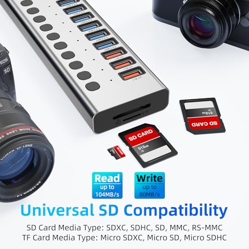 Powered USB Hub 10Gbps, 17 Ports USB 3.2 Hub, 96W Power Adapter | 10 USB-A 3.2, 3 QC 24W Fast Charging, 2 USB-C 3.2, SD/TF, 12V/8A Power Adapter for Laptop, PC, Computer, HDD, Flash Drive - color: Silver