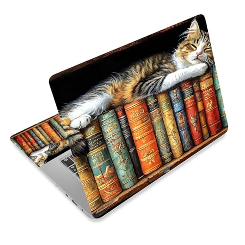Aesthetic Laptop Skin Cover,12-15.6 Inch Universal Vinyl Sticker Decal,Cat Books Shelf Waterproof Scratch-Resistant Notebook Wrap,Removable Residue-Free Protector - color: Cat Books Shelf