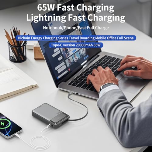 Hichain Laptop Power Bank 65W 20000mAh with Built-in USB-C Cable | 3 Chraging Port Fast Charging Battery Pack for MacBook iPhone 17 16 15 Series Android Switch Travel Essential Gray - color: Black