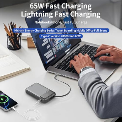 Hichain Laptop Power Bank 65W 20000mAh with Built-in USB-C Cable | 3 Chraging Port Fast Charging Battery Pack for MacBook iPhone 17 16 15 Series Android Switch Travel Essential Gray - color: Black