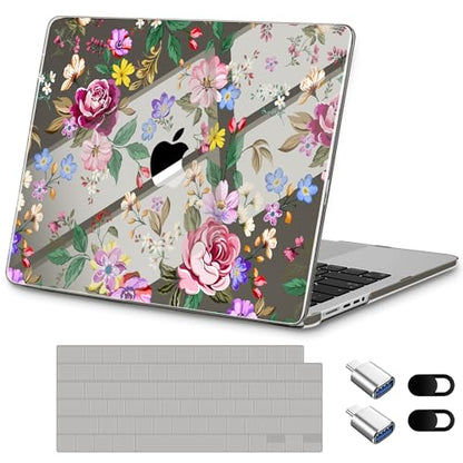 for New MacBook Pro 14 inch Case 2026 2025 M5 2024 M4 2023 Release– Aesthetic Floral Design Clear Laptop Shell 6-in-1 Bundle with TPU Keyboard Cover & OTG Adapters, Bright Flowers - color: Bright flowers