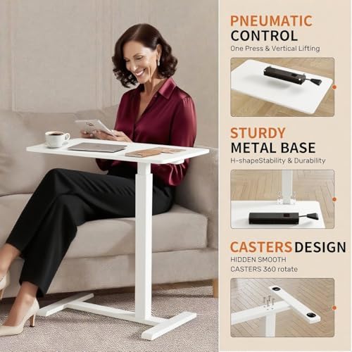 Mobile Small Standing Desk with Hidden Wheels, Pneumatic Laptop Desk, Rolling Computer Cart Movable, Portable Rolling Computer Sit Stand Side Table for Couch, Home, Office, White - color: White
