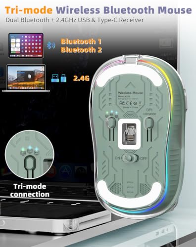 Bluetooth Wireless Mouse, Transparent RGB Tri-Modes Mouse,Bluetooth & 2.4GHz for Multi Device, USB-C Receiver Ideal for MacBook/Laptops, Rechargeable, Silent, Portable, Cool LED, Ergonomic - Green - color: Green
