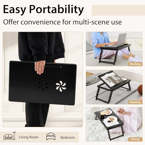 Giantex Bamboo Laptop Desk for Bed, Adjustable Serving Tray Breakfast Table with Tilting Desktop, Folding Lap Tray with Removable Stopper, Cooling Holes & Small Side Drawer (Black) - color: Black