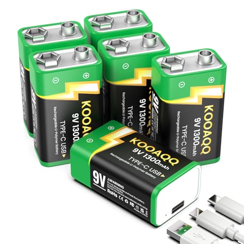 6-Pack Rechargeable 9v Batteries, USB-C Recharge 1300mAh 9 Volt Lithium-ion Long Lasting Power for SmokAlarms, Microphones, Multimeters, Walkie-Talkie, Metal Detector, Toys, with 2 in 1 Charging Cable - size: 6-Pack