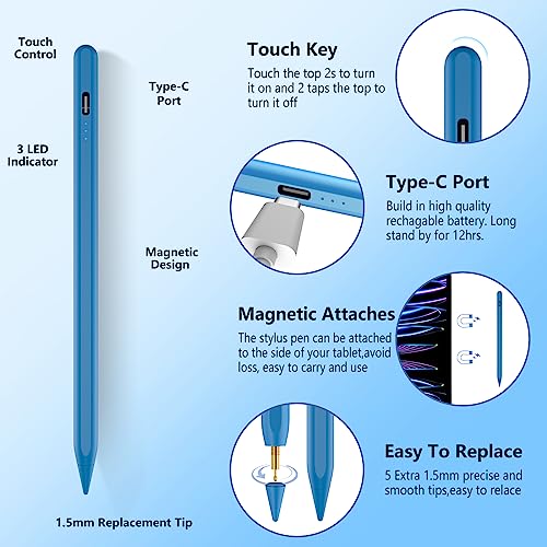 TaIYanG iPad Stylus Pen for iPad 2018-2026, Palm Rejection, Fast Charging | Tilt Sensitivity, for iPad Pencil A16 /10/9/8/7/6, Pro 11/13" (M5/M4),Air M4/M3/M2/5th/4th, Pro 11/12.9", Mini 6/5, Blue - color: Blue