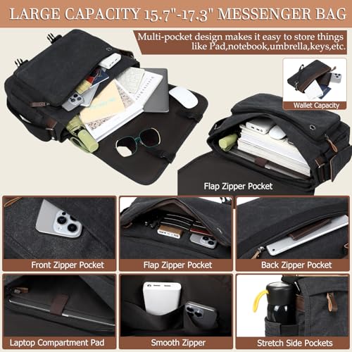 17.3 Inch Messenger Bag for Men: 2PCS Laptop Bag PU Leather Canvas Work Briefcase Large Office - color: Black