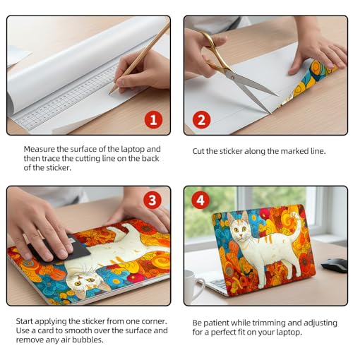 Universal Laptop Skin Sticker Decal, 12"-15.6" Aesthetic Vinyl Wrap, White Cat Psychedelic Swirls Waterproof Notebook Cover Art Protector for MacBook HP Dell Lenovo, Fits 13" 14" 15" 15.6" - color: White Cat Psychedelic Swirls