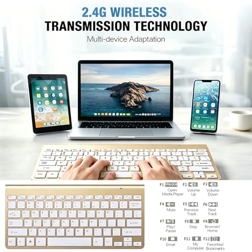 Wireless Keyboard, 78 Keys 2.4G Bluetooth Thin Lightweight Silent Keyboard for Laptop/PC/Tablet/Desktop/Smart TV - color: Gold