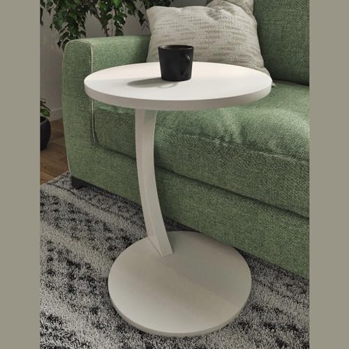 C Shaped End Table for Couch Small Places, Space Saver Round Side Table for Sofa and Bedside with Wheel, Coffee and Eating Snack Time Tray for Living Room, Office (White) - color: White
