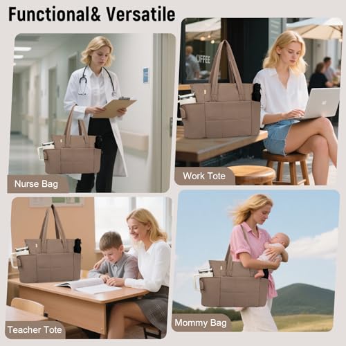 Puffer Tote Bag with Large Cup Holder& 15.6 Inch Laptop Compartment, Lightweight Puffy Work Bag with Water Bottle Pocket, Large Laptop Tote with Clutch Purse for Women Teacher Nurse (Brown) - color: Brown