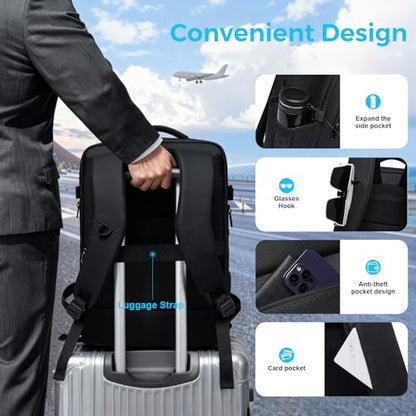 Travel Backpack for Men, 17.3 Inches Business Laptop Backpack Water-Resistant Carry on Airline Approved 18x14x8 Luggage Backpack with USB Charger Port - color: Black-26l