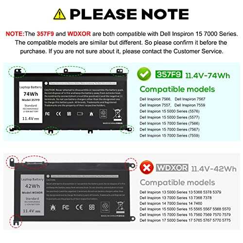74Wh 71JF4 357F9 0GFJ6 Laptop Battery for Dell Inspiron 15 7000 7559 7567 7566 7759 7557 5577 INS15PD Series P57F P57F003 P65F P65F001 071JF4 INS15PD-3848B INS15PD-2748B INS15PD-1548B INS15PD-1548R - size: 10.19*7.27*0.24inch 357F9