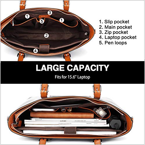 BOSTANTEN Genuine Leather Laptop Bag for Women 15.6'' Briefcase Tote Bags | Laptop Compartment, Structured, Professional, Detachable & Adjustable Shoulder Strap, Metal Feet, Work, Office, Business - color: D-black&brown