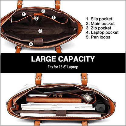BOSTANTEN Genuine Leather Laptop Bag for Women 15.6'' Briefcase Tote Bags | Laptop Compartment, Structured, Professional, Detachable & Adjustable Shoulder Strap, Metal Feet, Work, Office, Business - color: D-black&brown