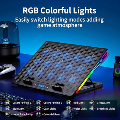 KeiBn Laptop Cooling Pad, Gaming Laptop Fan Cooling Pad with 15 Quiet Fans, RGB Laptop Cooler for 10-17.3 Inch, 4 Height Stands, 2 USB Ports - Blue - size: AA2-15-Blue