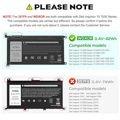 WDX0R Laptop Battery for dell Inspiron 15 7579 7569 5578 5565 5567 5568 5570 5775 5579 7560 7570 13 5378 5368 7375 7368 7378 17 5765 5767 5770 Series P69G001 P58F P58F001 P75F P66F P69G 3CRH3 - size: WDX0R 10.47 × 6.61 × 0.83 in
