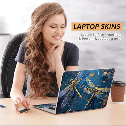 Laptop Skin Sticker for 12.1”-15.6“ Laptops (Fits 13”, 13.3”, 14”, 15”, 15.4”) | Protective Universal Reusable Vinyl Art Decal Cover | Waterproof & Scratch-Resistant-Blue Gold Dragonflies - color: Blue Gold Dragonflies