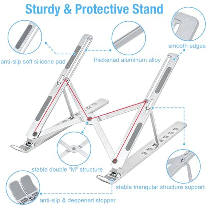 Marte Vanci Laptop Stand for Desk, Portable Computer Riser with 7 Adjustable Angles, Foldable Notebook Holder Ergonomic Ventilated Cooling Aluminum Computer Stand for Laptops Tablets up to 16” Silver - color: Silver