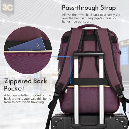 Large Travel Backpack Women, Flight Approved Carry On Backpack, Water Resistant Anti-Theft Large Casual Daypack Fit 17 Inch Laptop with USB Charging Port - color: Dark Purple, size: 17.3 inch