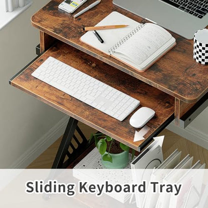 ALISENED Computer Desk for Small Spaces Compact Desk with Keyboard Tray | 23.6" Z-Shaped, with Wheels and Bottom Shelves, for Home Office, Computer Cart Mobile Laptop Cart, Rustic Brown - color: Brown