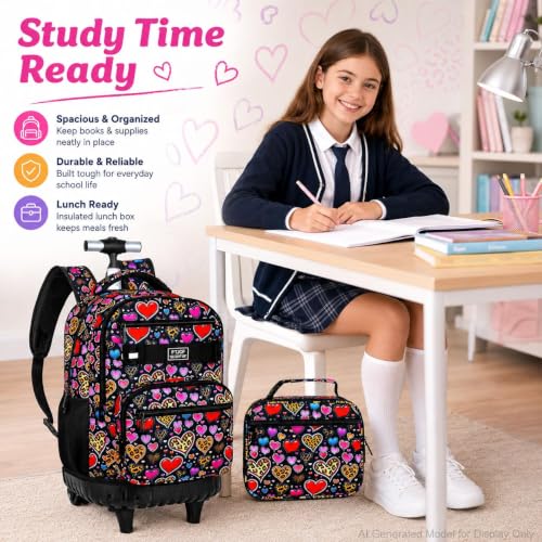 3Pcs Rolling Backpack for Girls, 19 Inche Women Roller Bag with Wheels for Adults, Wheeled Bookbag with Lunch Box(Brown) - color: Leopard Heart