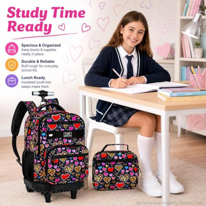3Pcs Rolling Backpack for Girls, 19 Inche Women Roller Bag with Wheels for Adults, Wheeled Bookbag with Lunch Box(Brown) - color: Leopard Heart