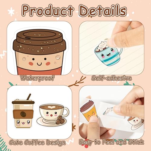 Haooryx Cute Coffee Sticker Rolls - 1000Pcs Bubble Milk Tea Coffee Latte Cup Sticker 2 Rolls Self Adhesive Waterproof Vinyl Water Bottle Laptop Junk Journal Birthday Party Favor Easter Basket Stuffers - style: Cute Coffee