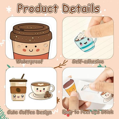 Haooryx Cute Coffee Sticker Rolls - 1000Pcs Bubble Milk Tea Coffee Latte Cup Sticker 2 Rolls Self Adhesive Waterproof Vinyl Water Bottle Laptop Junk Journal Birthday Party Favor Easter Basket Stuffers - style: Cute Coffee