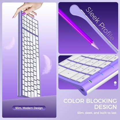 iClever BK10 Bluetooth Keyboard Quiet Typing Multi-Device USB-C Rechargeable – Slim Wireless Keyboard for Mac Windows iPad Office - color: Purple and White