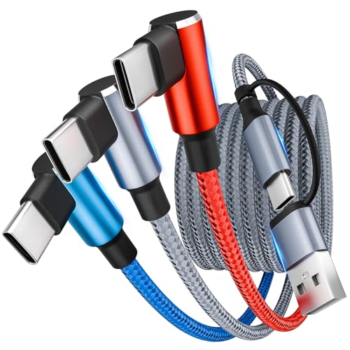 MPATIBY USB A/C to USB C Right Angle Cable, 90 Degree Type-C Braided Charging Cord 5FT, 3 in 2 USB C Charging Cable,Universal Phone Charger Cord with 3 Type-C Port for IP 17/16 Android Phones Pad - color: Red_Grey_Blue, size: 1Pack5FT
