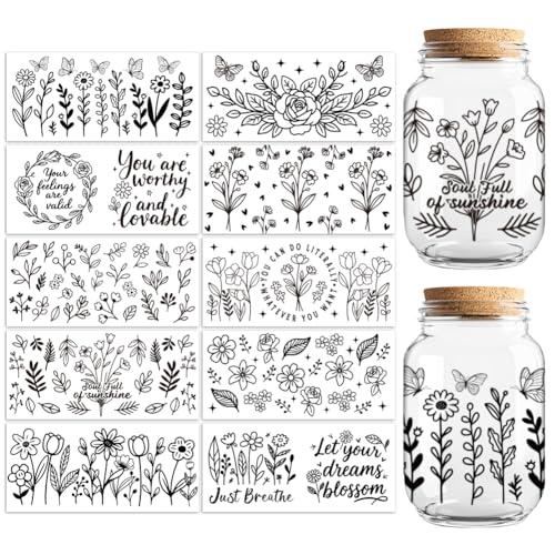 Black Line Flowers UV DTF Cup Wraps, 10 Sheets Transfer Sticker | Waterproof UV DTF Stickers, Custom Vinyl Decals for 16oz Coffee Cups Tumblers Bottles Mugs, DIY Gifts & Crafts - style: Black Line Flowers