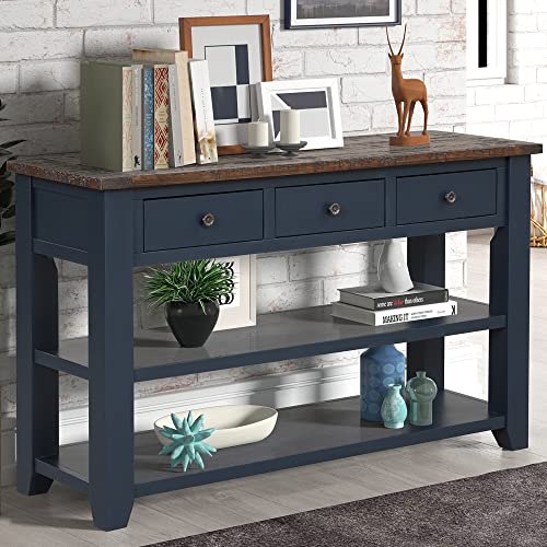 48’’ Modern Farmhouse Wood Entryway Console Table with Storage (Blue) | 3-Tier Sofa Table Behind Couch, 3 Drawers, 2 Open Shelves, Easy Assembly, for Living Room, Foyer, Hallway - color: Blue -1