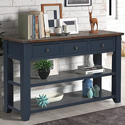 48’’ Modern Farmhouse Wood Entryway Console Table with Storage (Blue) | 3-Tier Sofa Table Behind Couch, 3 Drawers, 2 Open Shelves, Easy Assembly, for Living Room, Foyer, Hallway - color: Blue -1