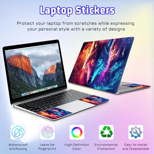 Universal Laptop Skin Sticker Decal, Compatible with MacBook HP Dell Lenovo 12"-15.6", Reusable Vinyl Notebook Cover 3PCS Set, High-Recognition Film-Wolf in Blue Orange Fire - color: Wolf in Blue Orange Fire