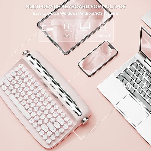 YUNZII ACTTO B303 Wireless Typewriter Keyboard, Bluetooth Connection, Cute Retro Aesthetic Design with Integrated Stand for Tablet, Phone, PC and Win/Mac/Android(B303, Baby Pink) - style: Baby Pink