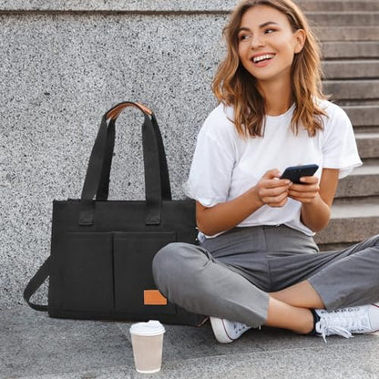 Canvas Laptop Tote Bag for Women | 15.6" Laptop Compartment - color: Black