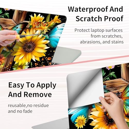 Laptop Skin Sticker 3-Piece Set,Wooden Cross Flowers Sunflower | Trim-to-fit 3-piece vinyl set with one 15 x 10.6 in lid skin and two palm-rest decals for many 12-15.6 in laptops - color: Wooden Cross Flowers Sunflower
