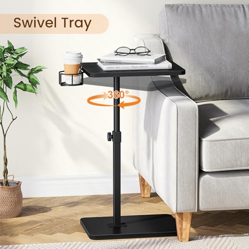 Giikin Side Table, 360 Swivel & Height Adjustable TV Trays for Eating on Couch, Sofa Armrest TV Tray Table with Cup Holder for Small Spaces, C-Shaped, Black, 11.8" D x 15.8" W x 31" H - color: Black