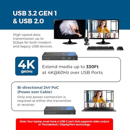 OREI USB Cat6 Extender, 2X Dual USB-C RS-232 Two-Way PoC Audio De-embedding | USB Extender Over Ethernet, USB Extender Over CAT5 – 5Gbps, Dual HDMI 4K60, Auto/Manual Host Switching, 3.5mm Audio - size: Upto 330 ft