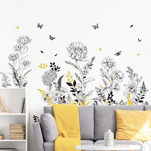 Black Yellow Flower Wall Decals, 3 Sheets Sketch Garden Floral Wall Stickers Simple Line Wildflower Grass Butterflies Art Decor Bedroom Bathroom Hallway Sofa Gifts for Mom(11.8x35.4 in/Sheet) - style: Black Yellow Flower Set