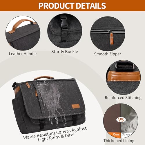 ESTARER Messenger Bag 17-17.3 Inch, Men's Computer Satchel Water-resistant Canvas, Teacher Laptop Briefcase for Work Office College, Dark Grey - color: 17-17.3" Buckle-dark Grey