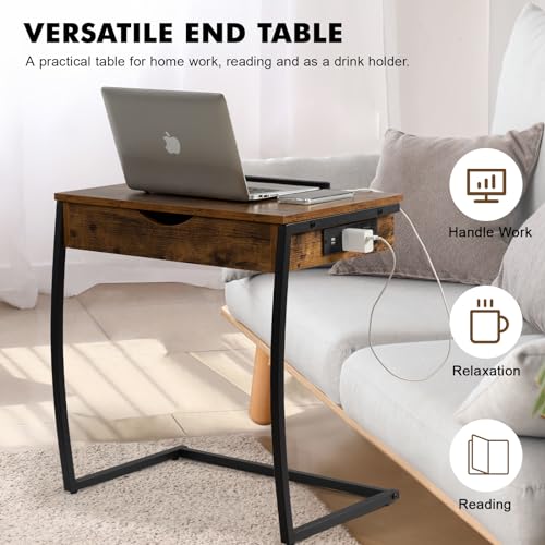 Hadulcet C Shaped End Table with Charging Station, Tiltable 0-52° | TV Tray Table Couch Tables That Slide Under, C Table End Table with Storage, Small Table Couch Desk for Small Spaces, Brown - size: 25.6"